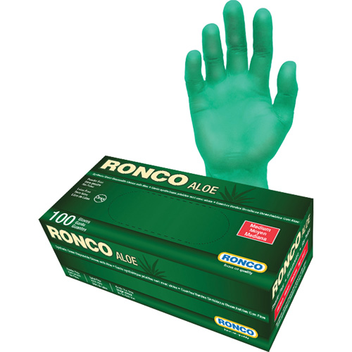 Disposable Gloves with Aloe, Medium, Vinyl, 5-mil, Powder-Free, Green Les Fournitures Industrielles Méga