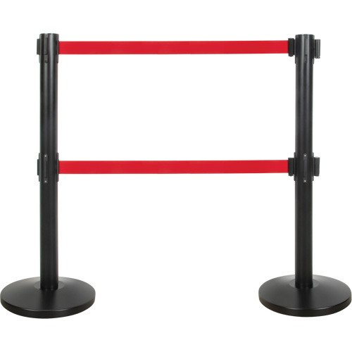 Dual Belt Crowd Control Barrier, Steel, 35" H, Red Tape, 7' Tape Length Les Fournitures Industrielles Méga