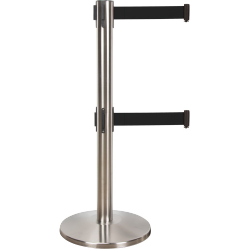 Barri&egrave;re pour le contr&ocirc;le des foules &agrave; courroie double, Acier, 35" h, Ruban Noir, Longueur du ruban 7' Les Fournitures Industrielles Méga