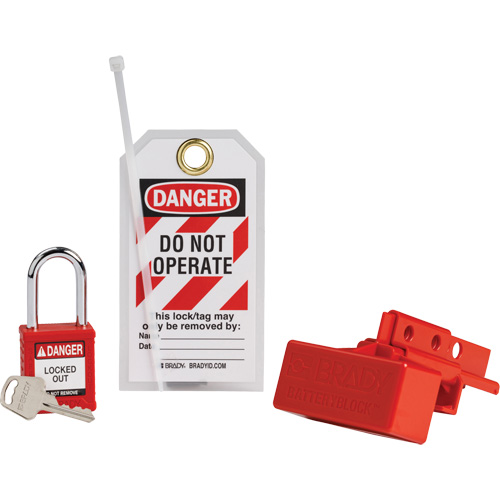 Dispositif de cadenassage pour connecteurs dalimentation de chariot &eacute;l&eacute;vateur BatteryBlock avec cadenas de s&eacute;curit&eacute; en nylon, Ensemble &eacute;lectrique, 3 composants compris Les Fournitures Industrielles Méga