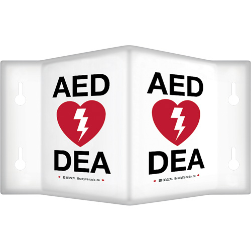 Enseigne &agrave; projection sur 90°  AED/ DEA , 9" x 6", Plastique, Bilingue avec pictogramme Les Fournitures Industrielles Méga