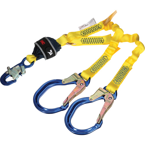 Twin-Leg Stretch Web Shock-Absorbing Lanyard, 4', Rebar Hook Center, Snap Hook Leg Ends Les Fournitures Industrielles Méga