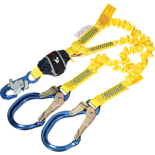 Twin-Leg Stretch Web Shock-Absorbing Lanyard, 6', Rebar Hook Center, Snap Hook Leg Ends Les Fournitures Industrielles Méga