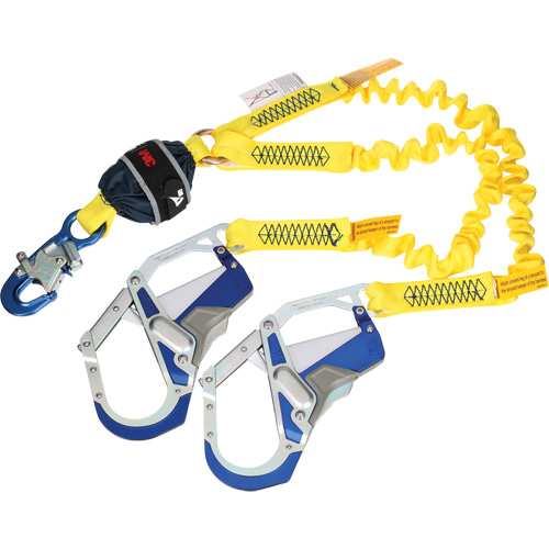 Twin-Leg Stretch Web Shock-Absorbing Lanyard, 6', Rebar Hook Center, Snap Hook Leg Ends Les Fournitures Industrielles Méga