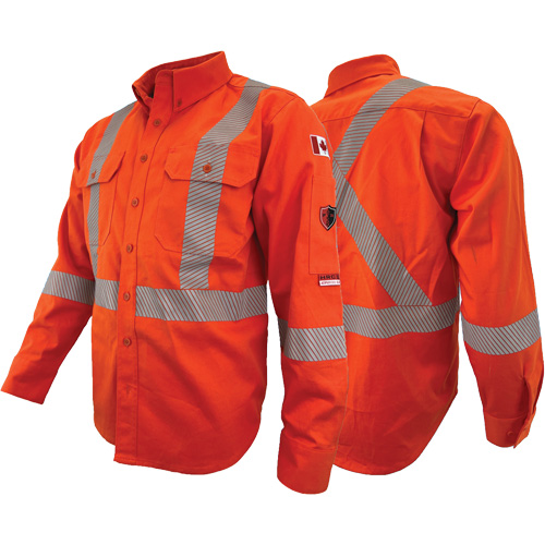 Chandail de travail &agrave; manches longues ignifuge et r&eacute;sistant &agrave; l'arc &eacute;lectrique avec bandes de 2" Atlas Guardian, T-petit, Orange haute visibilit&eacute; Les Fournitures Industrielles Méga