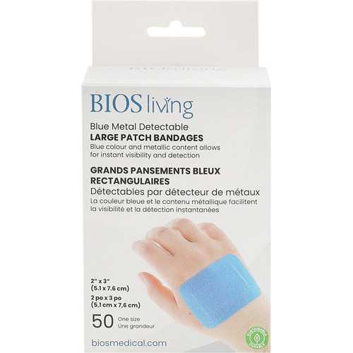 Blue Large Patch Bandages, Rectangular/Square, 3", Fabric Metal Detectable, Sterile Les Fournitures Industrielles Méga