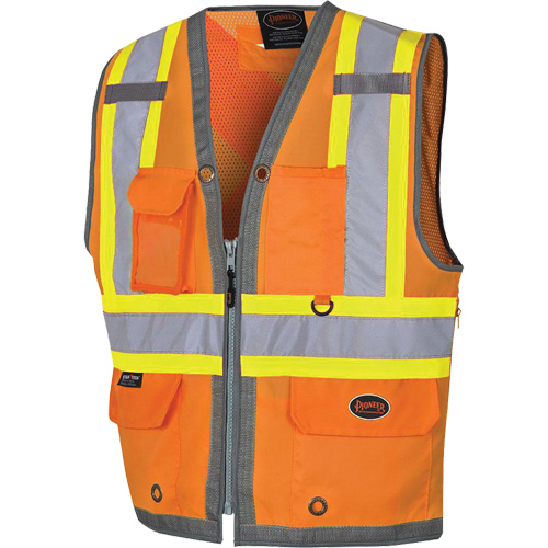 Veste de s&eacute;curit&eacute; pour arpenteur Pioneer avec fermeture &agrave; glissi&egrave;re et dos en maille, Orange haute visibilit&eacute;, Petit, Polyester Les Fournitures Industrielles Méga