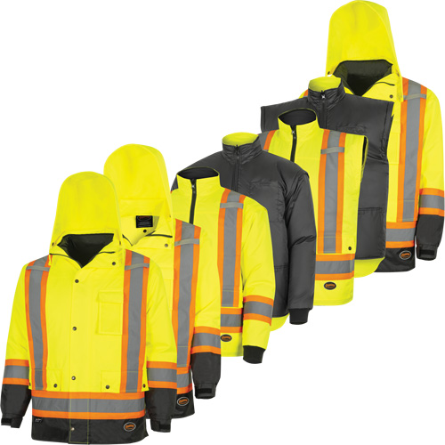 5057 Pioneer&reg; Yukon 7-in-1 Waterproof Winter Safety Parka, Polyester, Black/High Visibility Lime-Yellow, X-Small Les Fournitures Industrielles Méga