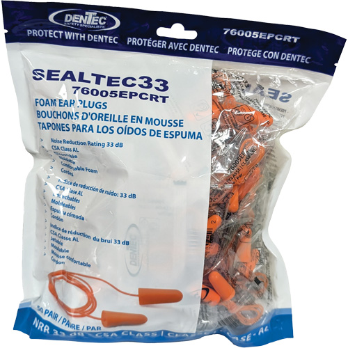 Bouchons d'oreilles coniques jetables en mousse de PU orange SEALTEC33, Vrac - Sac en poly, Avec cordon Les Fournitures Industrielles Méga