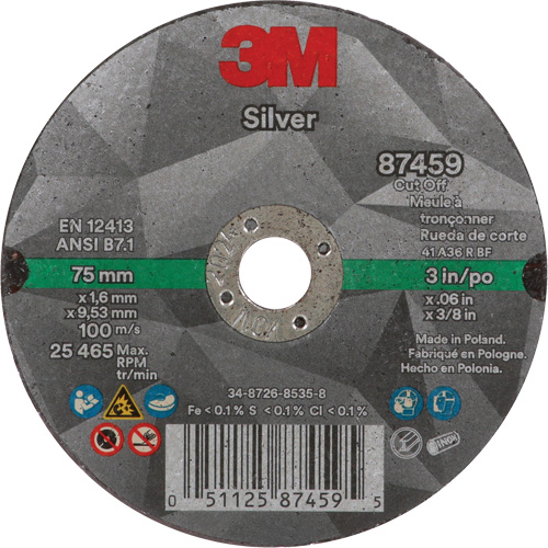 Meule &agrave; tronçonner Silver, 3" x 0,06", Arbre de 3/8"-24, Type 1, C&eacute;ramique, 25645 Tr/min Les Fournitures Industrielles Méga