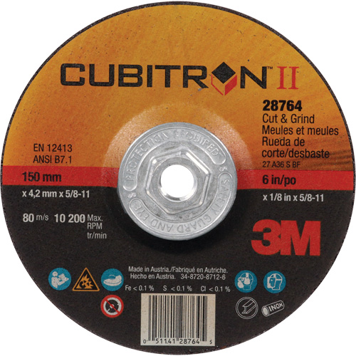 Disque de coupe et de meulage &agrave; changement rapide Cubitron II, 6" x 1/8", Arbre de 5/8"-11, Type 27, C&eacute;ramique Les Fournitures Industrielles Méga