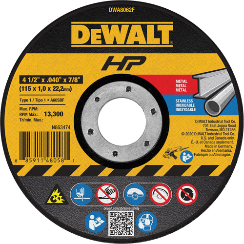 HP Metal Cut-Off Wheel, 4-1/2" x 0.04", 7/8" Arbor, Type 1, Aluminum Oxide, 13300 RPM Les Fournitures Industrielles Méga