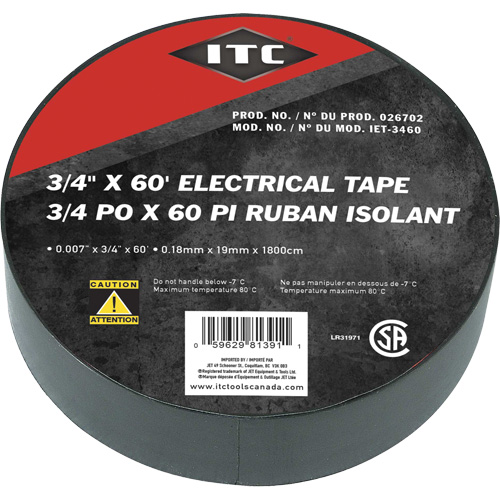 IET-3460 Ruban isolant, Ruban &eacute;lectrique, Rubans isolant, 19 mm (3/4") x 18,28 m (60'), Noir Les Fournitures Industrielles Méga