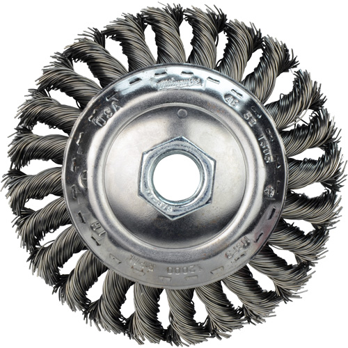 Disque m&eacute;tallique &agrave; fils torsad&eacute;s, Dia. 4", Fils 0,02", Arbre 5/8"-11, Acier au carbone Les Fournitures Industrielles Méga