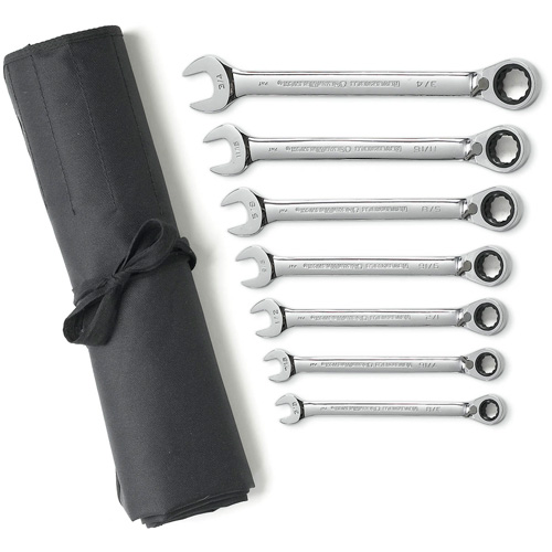 72-Tooth 12 Point Reversible Ratcheting SAE Wrench Set with Tool Roll, Combination, 7 Pieces, Imperial Les Fournitures Industrielles Méga