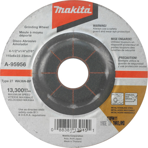 INOX Grinding Wheel, 4-1/2" x 1/4", 7/8" Arbor, Aluminum Oxide, Type 27 Les Fournitures Industrielles Méga