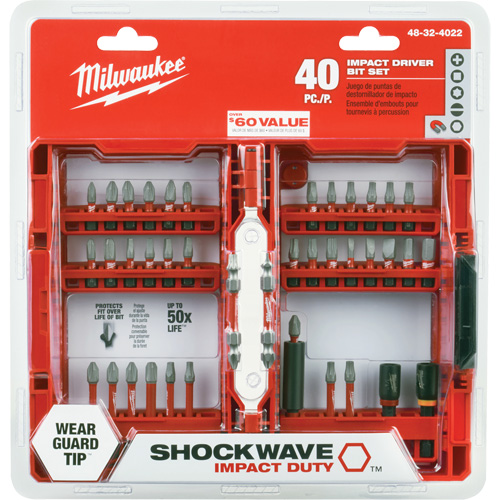 Jeu de 40 embouts de visseuse &agrave; percussion Shockwave Impact-Duty, 40 Mcx, Hexagonale/Tourne-&eacute;crou/Phillips/&agrave; fentes/Carr&eacute;e Les Fournitures Industrielles Méga