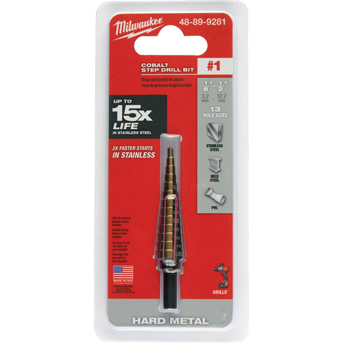 Step Drill Bit, 1/8"/#1 - 1/2"/#1 , 1/32" Increments, High Speed Cobalt Les Fournitures Industrielles Méga
