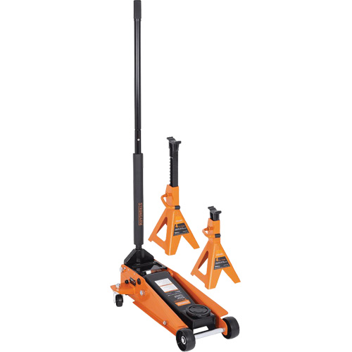 Cric datelier 4 tonnes avec paires de chandelles pour v&eacute;hicule de 3 tonnes, 3,5 tonne(s) Capacit&eacute;, 5-1/8" Abaiss&eacute;e, 21" &eacute;lev&eacute;e, Hydraulique &agrave; main Les Fournitures Industrielles Méga