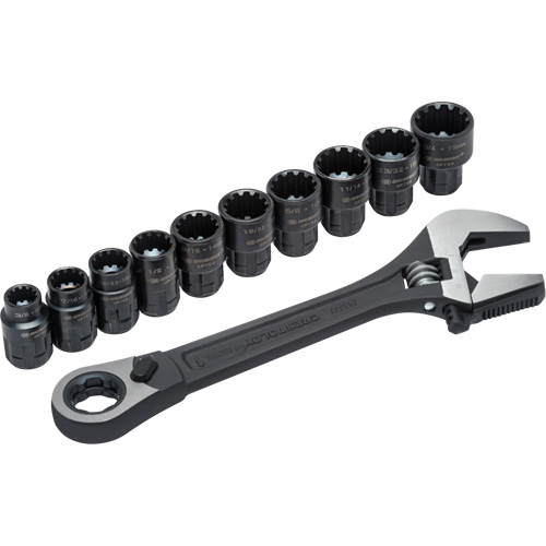 11-Piece Pass-Thru X6 Adjustable Wrench & Spline Socket Set, 13" L, 2-27/50" Max Width, Black Phosphate Les Fournitures Industrielles Méga