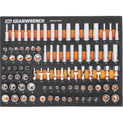Jeu d'outils m&eacute;triques pour m&eacute;canicien MEGAMOD dans des plateaux en mousse modulaire avec armoire roulante &agrave; outils, 358 morcea Les Fournitures Industrielles Méga