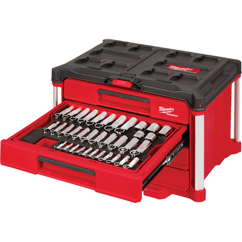 Ensemble de 242 pi&egrave;ces de douilles et cliquets m&eacute;triques et SAE 1/4", 3/8" et 1/2" avec boîte &agrave; outils PACKOUT &agrave; 4 tiroirs, 16-3/10" x 22-1/5" x 14-3/10", Noir/Rouge Les Fournitures Industrielles Méga