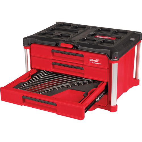 60-Piece Metric & SAE Combination Wrench Set with PACKOUT 4 Drawer Tool Box, 16-3/10" x 22-1/5" x 14-3/10", Black/Red Les Fournitures Industrielles Méga