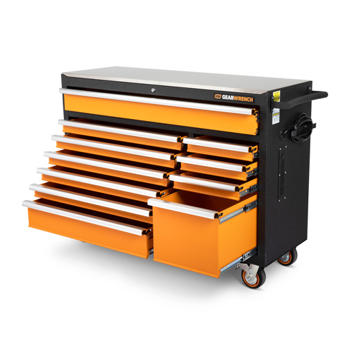 Armoire &agrave; outils roulante avec dessus de travail en acier inoxydable, 11 tiroirs, 52" la x 18" p x 36" h, Noir/Orange Les Fournitures Industrielles Méga