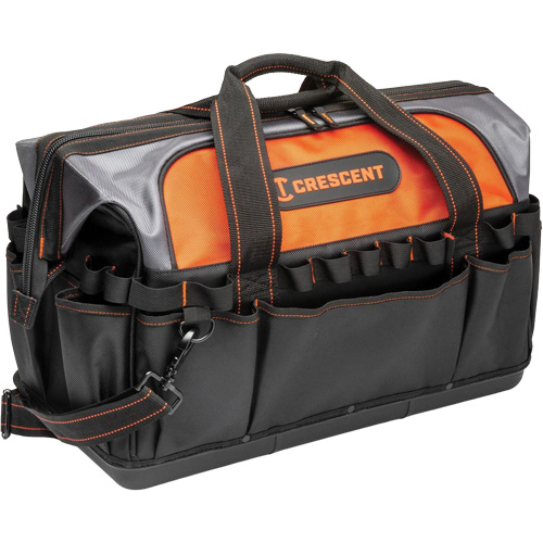 20" Contractor Tool Bag, 1680 Denier/Polyester, 31 Pockets, Black/Grey/Orange Les Fournitures Industrielles Méga