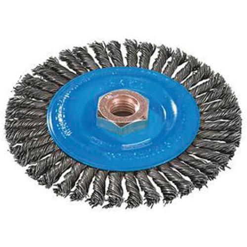 Brosse &agrave; fils nou&eacute;s pour cordons de soudure, Dia. 4", Fils 0,02", Arbre 5/8"-11, Aluminium/Acier inoxydable Les Fournitures Industrielles Méga