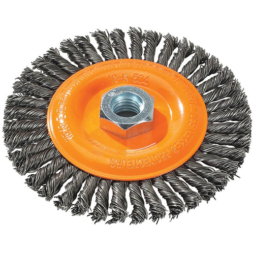 Brosse &agrave; fils nou&eacute;s pour cordons de soudure, Dia. 5", Fils 0,02", Arbre 5/8"-11, Acier Les Fournitures Industrielles Méga