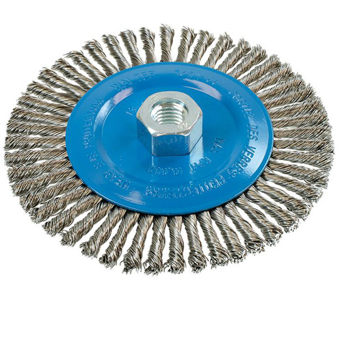 Brosse &agrave; fils &eacute;troits nou&eacute;s et torsad&eacute;s, Dia. 6", Fils 0,02", Arbre 5/8"-11, Aluminium/Acier inoxydable Les Fournitures Industrielles Méga
