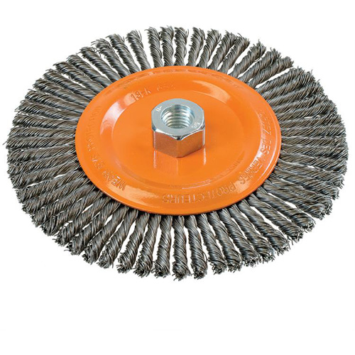 Brosse &agrave; fils nou&eacute;s pour cordons de soudure, Dia. 6-7/8'', Fils 0,02", Arbre 5/8"-11, Acier Les Fournitures Industrielles Méga