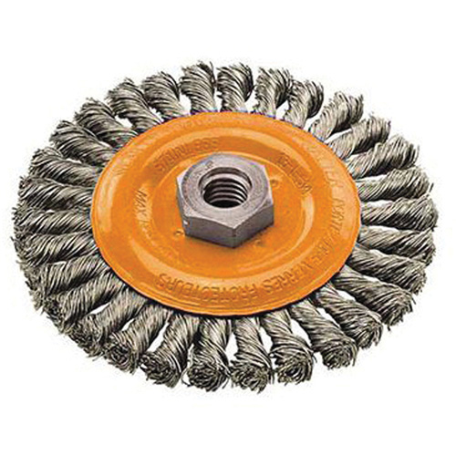 Brosse rotative &agrave; fils nou&eacute;s large, Dia. 4", Fils 0,02", Arbre 5/8"-11, Acier Les Fournitures Industrielles Méga