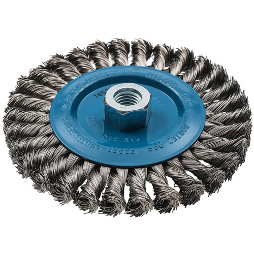 Brosse rotative &agrave; fils nou&eacute;s large, Dia. 6", Fils 0,02", Arbre 5/8"-11, Aluminium/Acier inoxydable Les Fournitures Industrielles Méga