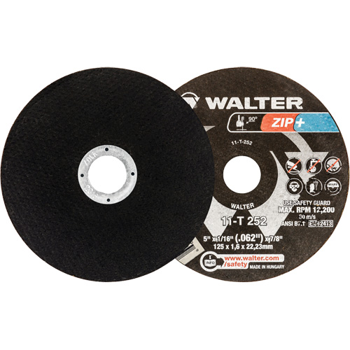 Meules &agrave; tronçonner renforc&eacute;es Zip+ pour meuleuse &agrave; angle droit, 5" x 1/16", Arbre de 7/8", Type 1, Alumine de zirconium, 12 200 Tr/min Les Fournitures Industrielles Méga