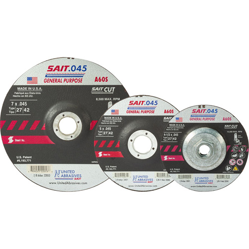 Disque de coupe Sait, 5" x 0,045", Arbre de 7/8", Type 27, Oxyde d'aluminium, 12 200 Tr/min Les Fournitures Industrielles Méga
