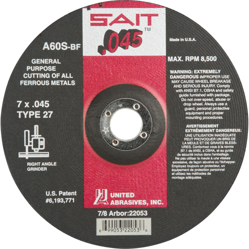 Depressed Center Cut-Off Wheel, 7" x 0.045", 7/8" Arbor, Type 27, Aluminum Oxide, 8500 RPM Les Fournitures Industrielles Méga