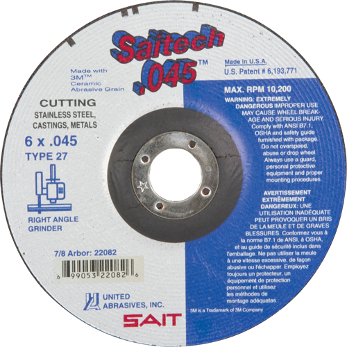 Cut-Off Wheel, 6" x 0.045", 7/8" Arbor, Type 27, Aluminum Oxide/Ceramic, 10200 RPM Les Fournitures Industrielles Méga