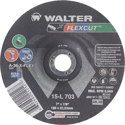 Meules &agrave; moyeu d&eacute;port&eacute; Flexcut, 7", 36 Grain, Oxyde d'aluminium, 7/8", 8600 Tr/min, Type 29 Les Fournitures Industrielles Méga