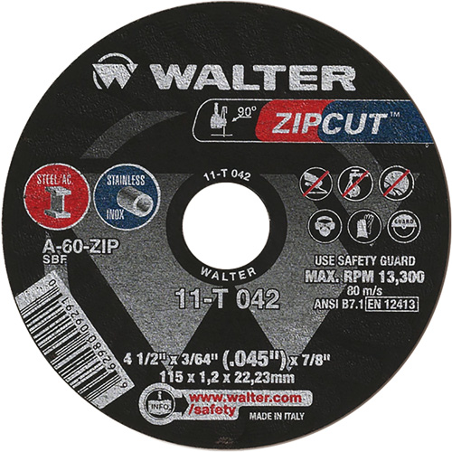 Zipcut Cut-Off Wheel, 4-1/2" x 3/64", 7/8" Arbor, Type 1, Aluminum Oxide, 13300 RPM Les Fournitures Industrielles Méga