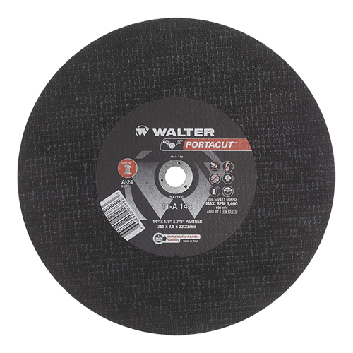 Meule &agrave; tronçonner rapide en acier inoxydable Portacut, 14" x 1/8", Arbre de 7/8", Type 1, Oxyde d'aluminium, 5400 Tr/min Les Fournitures Industrielles Méga