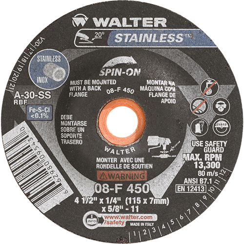 Depressed Centre Grinding Wheels - Stainless Type 27, 4-1/2" x 1/4", 5/8"-11 Arbor, Type 27S Les Fournitures Industrielles Méga