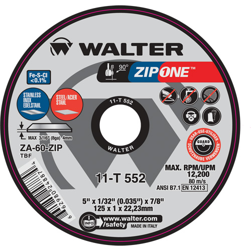 Zip One Cut-Off Wheel, 5" x 1/32", 7/8" Arbor, Type 1, Zirconia Alumina, 12200 RPM Les Fournitures Industrielles Méga