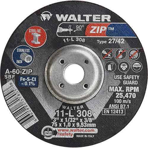 Zip Cutting and Grinding Wheel, 3" x 1/13", 3/8" Arbor, Type 27, 60 Grit, Aluminum Oxide Les Fournitures Industrielles Méga