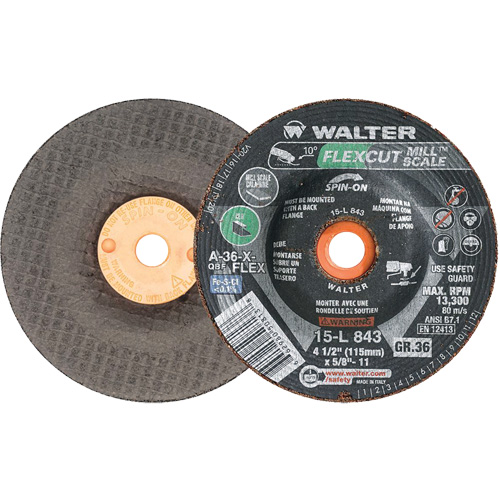 Meule FLEXCUT MILL SCALE, 4-1/2", 36 Grain, Oxyde d'aluminium, 5/8"-11, 13 300 Tr/min, Type 29 Les Fournitures Industrielles Méga