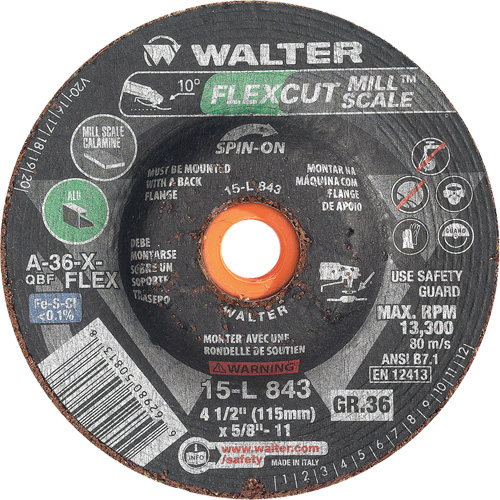Meule FLEXCUT MILL SCALE, 4-1/2", 36 Grain, Oxyde d'aluminium, 5/8"-11, 13 300 Tr/min, Type 29 Les Fournitures Industrielles Méga