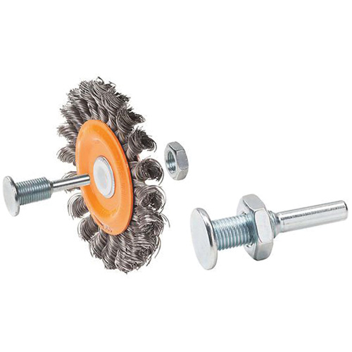 Reversible Mounted Knot-Twisted Wire Wheel, 3" Dia., 0.0118" Fill, 1/2" Arbor, Steel Les Fournitures Industrielles Méga
