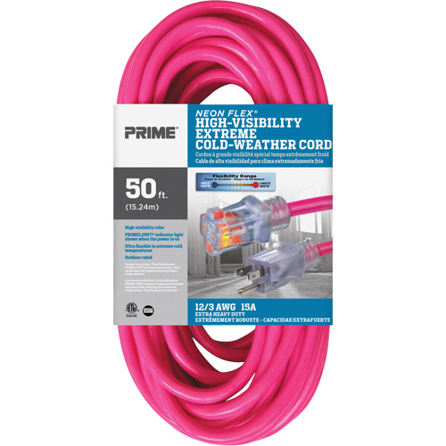 Neon Flex&reg; High Visibility Extension Cord, Outdoor, SJTW, 12/3 AWG, 15 A, 50' Les Fournitures Industrielles Méga