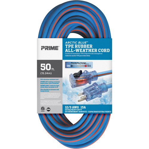Cordon rallonge verrouillable toute saison en caoutchouc TPE Arctic Blue, Toutes saisons, SJEOW, AWG 12/3, 15 A, 50' Les Fournitures Industrielles Méga
